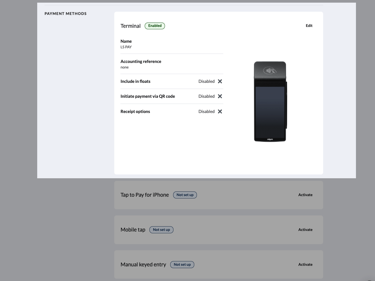 Image displays the Lightspeed Payments method settings page in the Back Office of Lightspeed Restaurant. The setting for 'Terminal' has been highlighted.