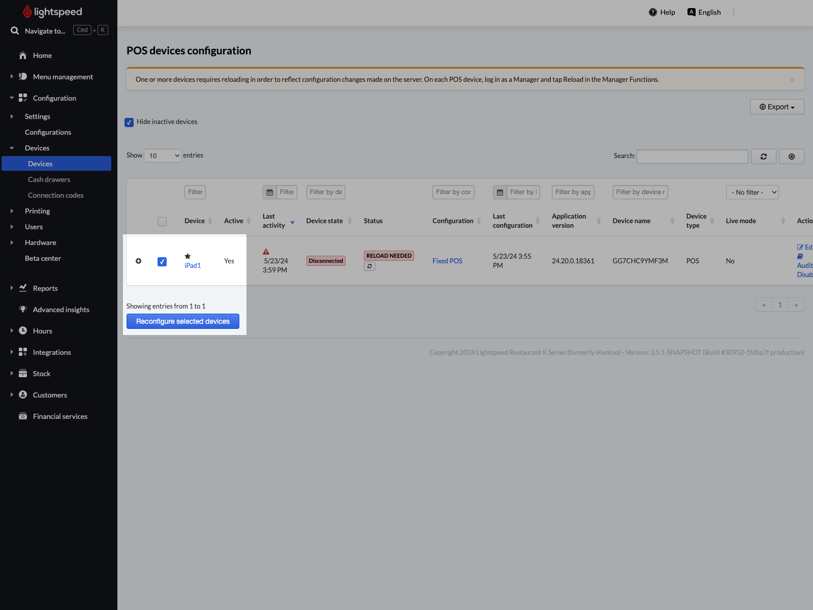 Image displays the Devices page in Lightspeed Back Office. The button titled 'Reconfigure selected devices' has been highlighted.