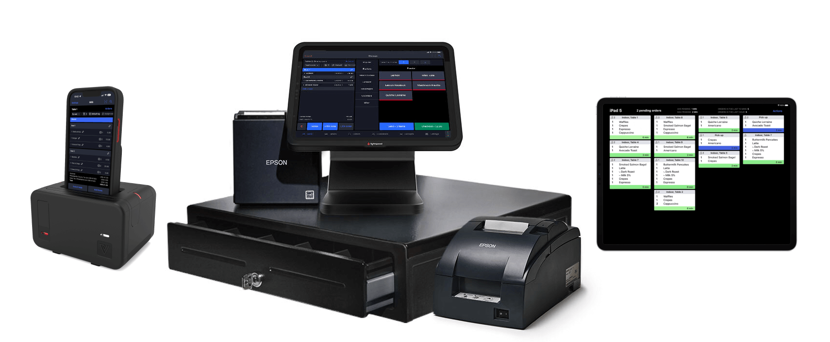 Lightspeed Restaurant hardware, including an iPad, cash drawer, payment terminal, printer, and other components.