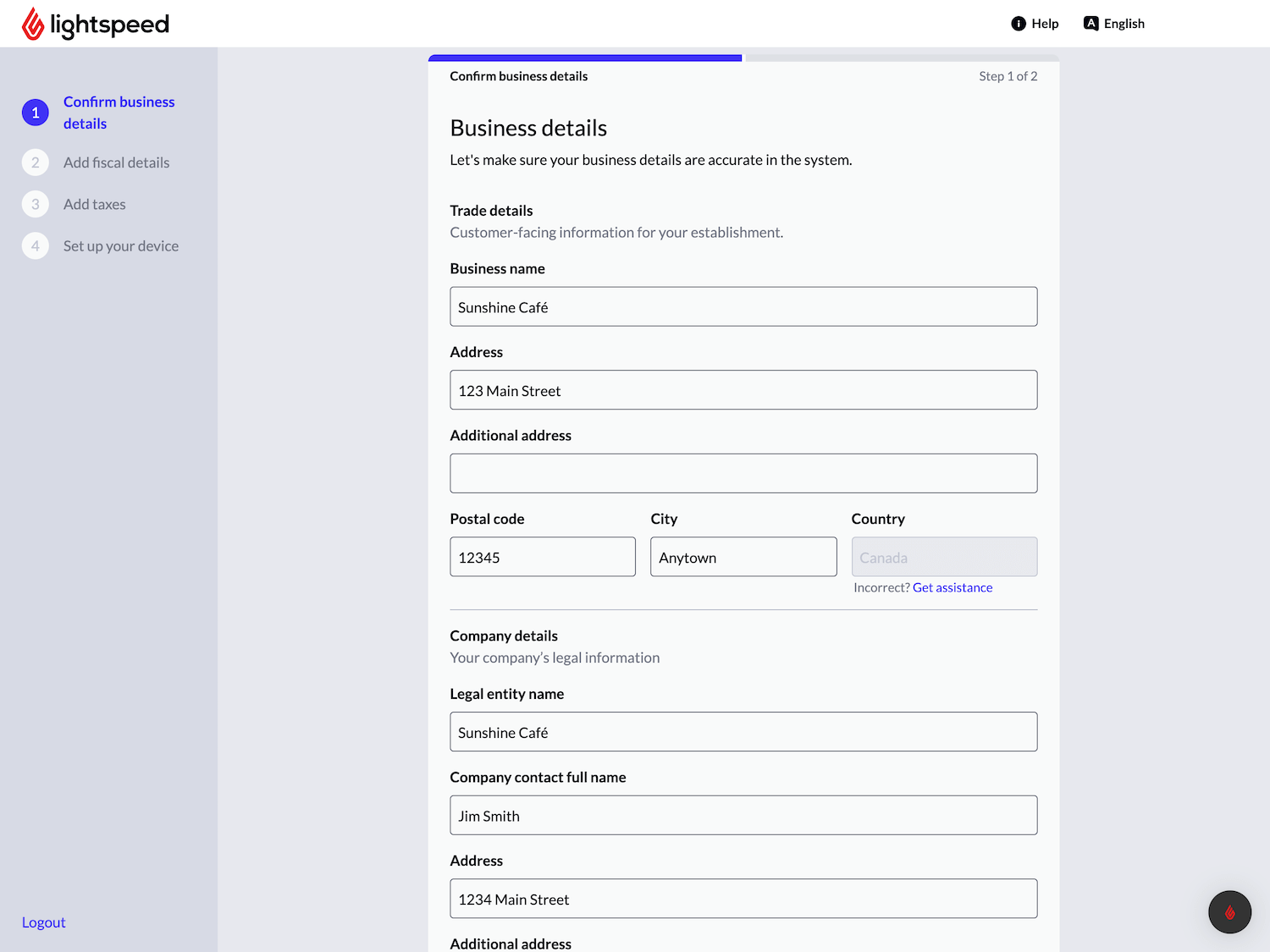 Ein Bildschirm mit einigen Beispielen für Geschäftsdetails: Firmenname, Adresse usw.