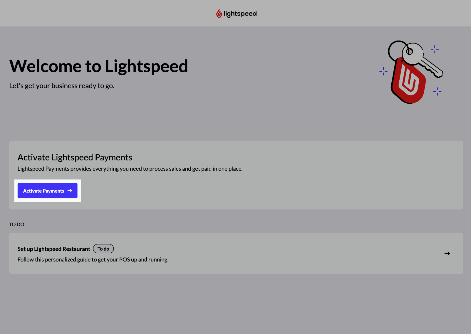 Écran d’accueil, le bouton Activer Lightspeed Payments est mis en évidence
