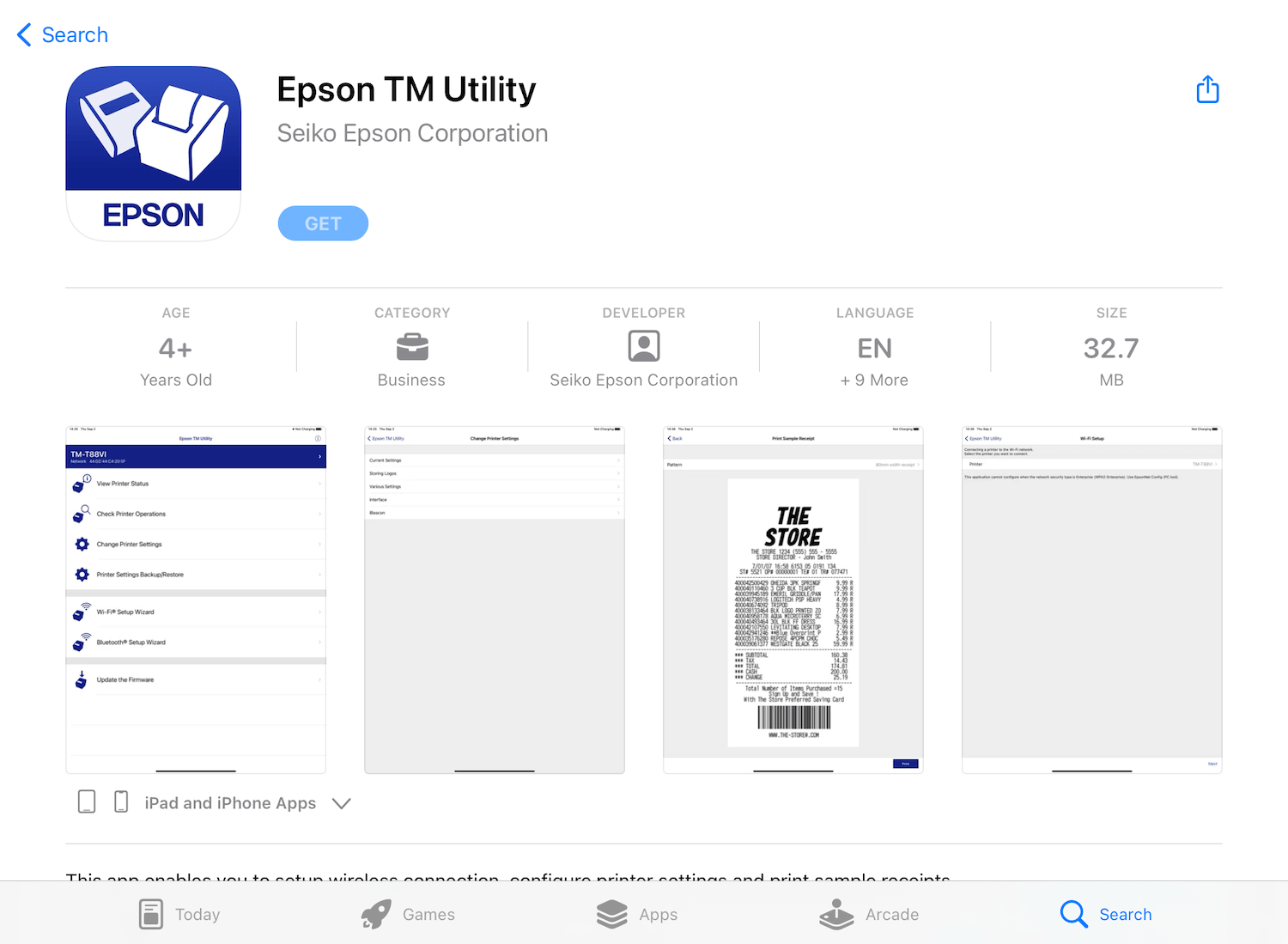 De vermelding voor de Epson TM Utility-app in de App Store.