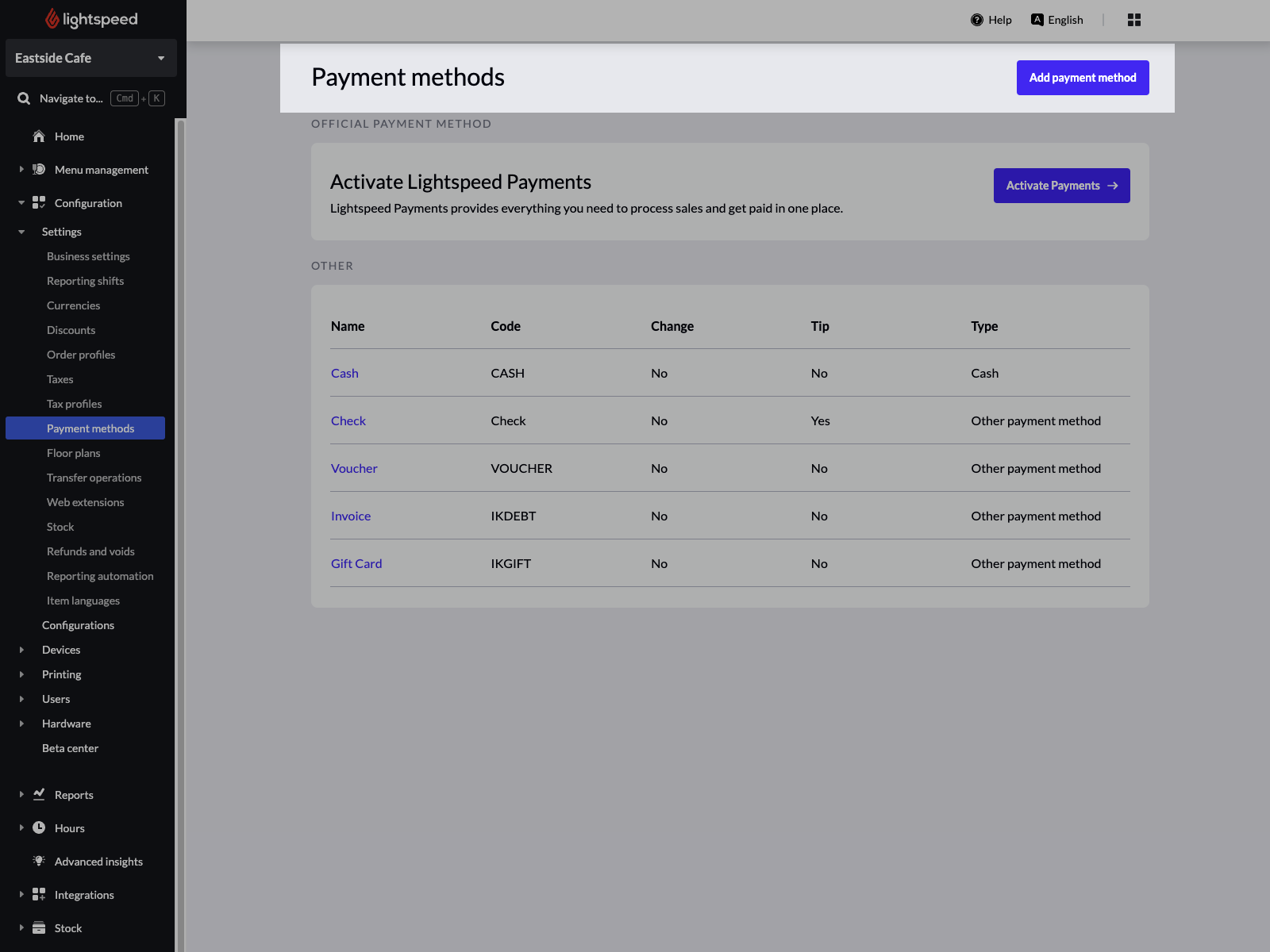 Image displays the landing page for payment methods in the Back Office of Lightspeed Restaurant. The button titled 'Add payment method' has been highlighted.