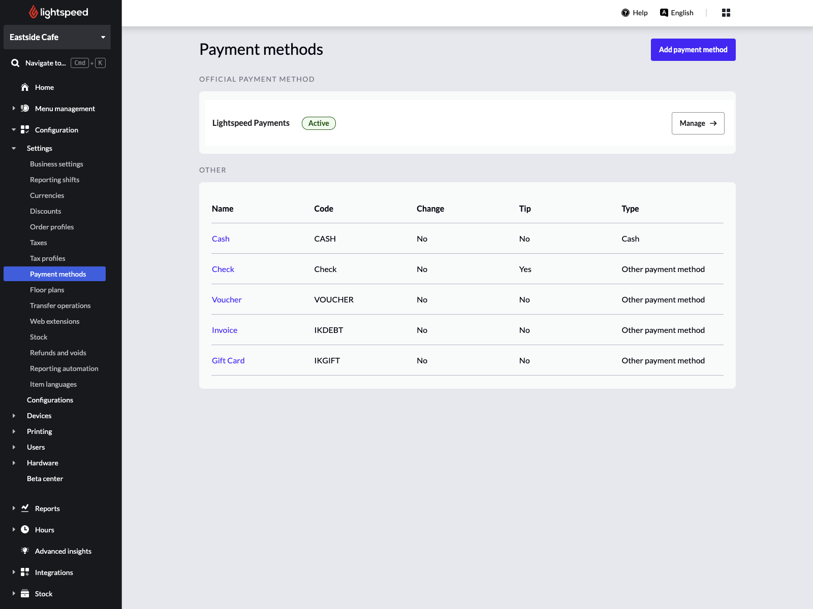 Image displays the landing page for payment methods in the Back Office of Lightspeed Restaurant.