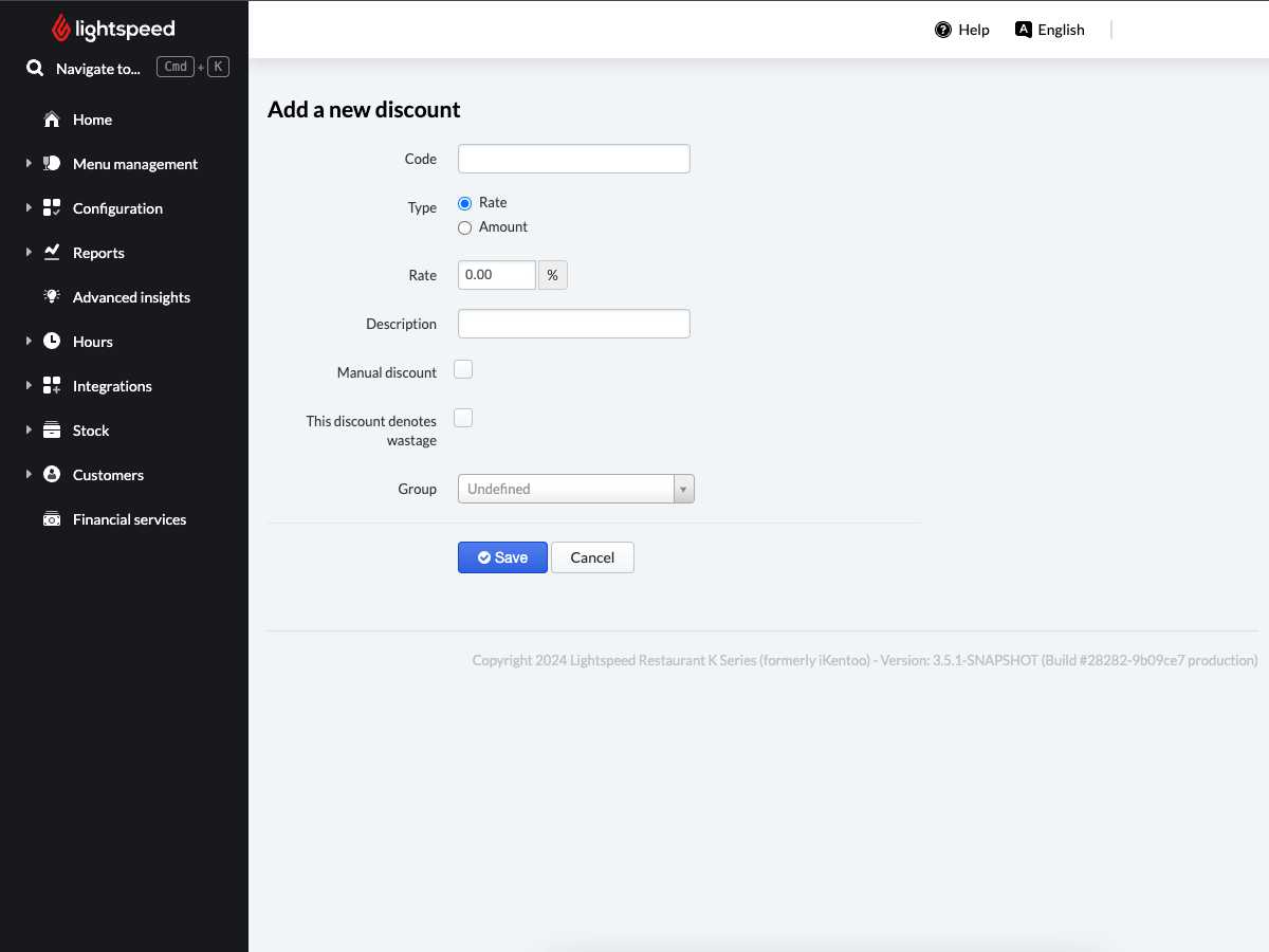 Image displays the main settings page for creating or editing a discount in Lightspeed Back Office.