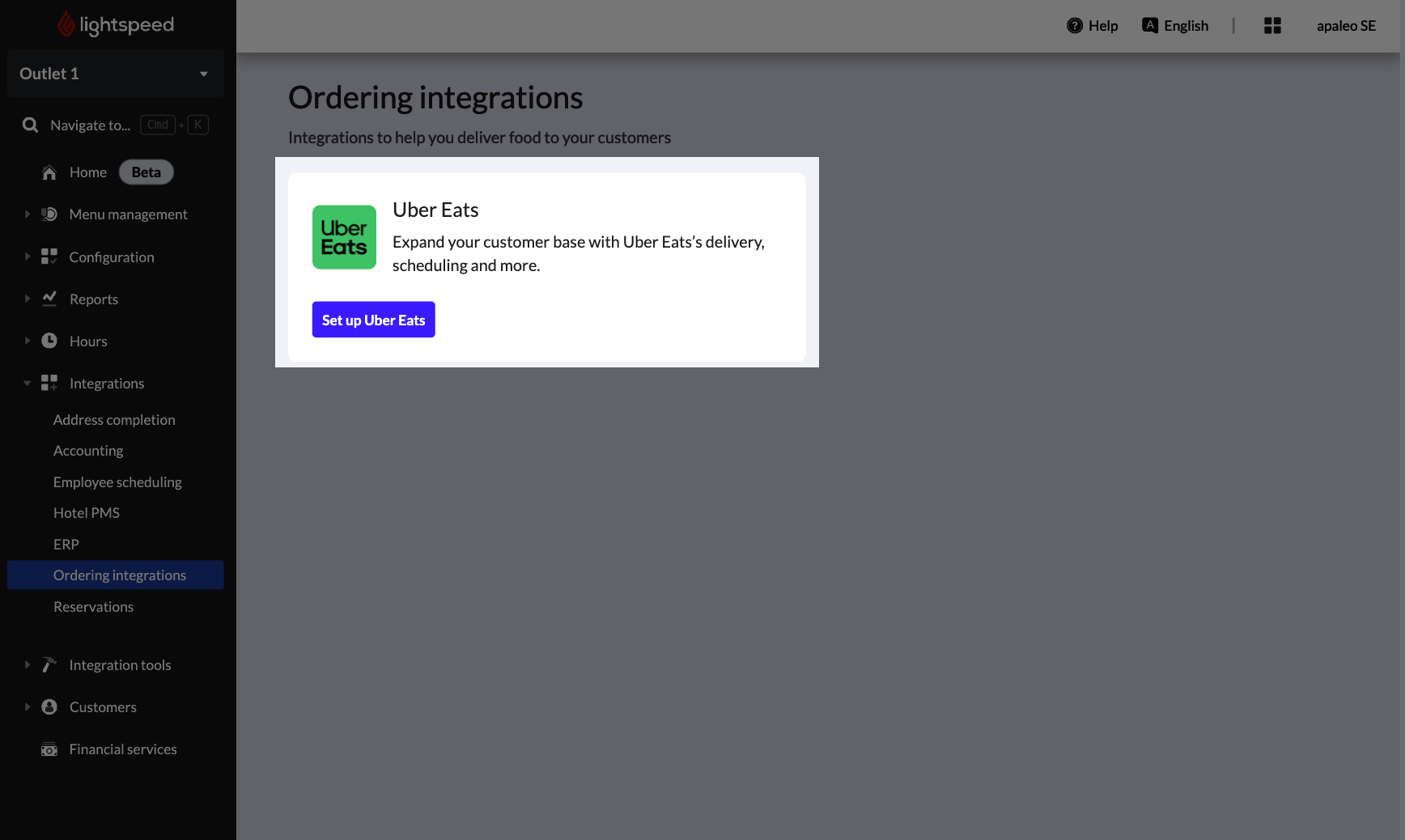 Uber Eats integration highlighted in the Back Office