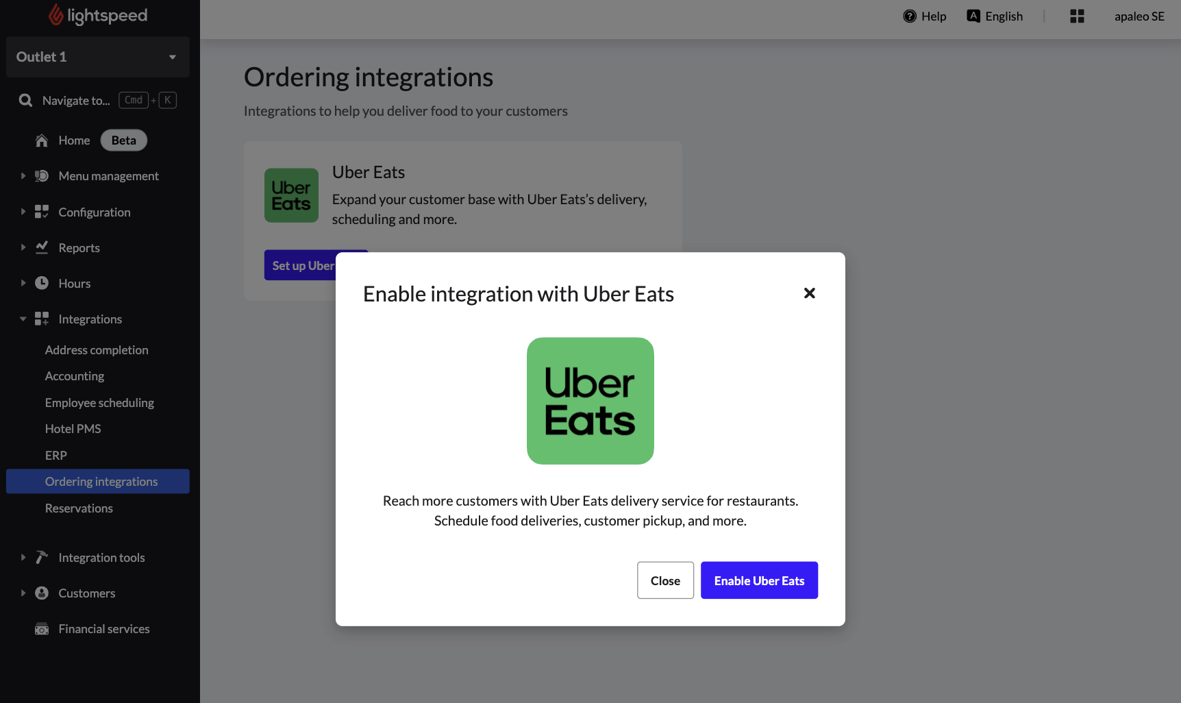 Uber Eats enable integration popup window