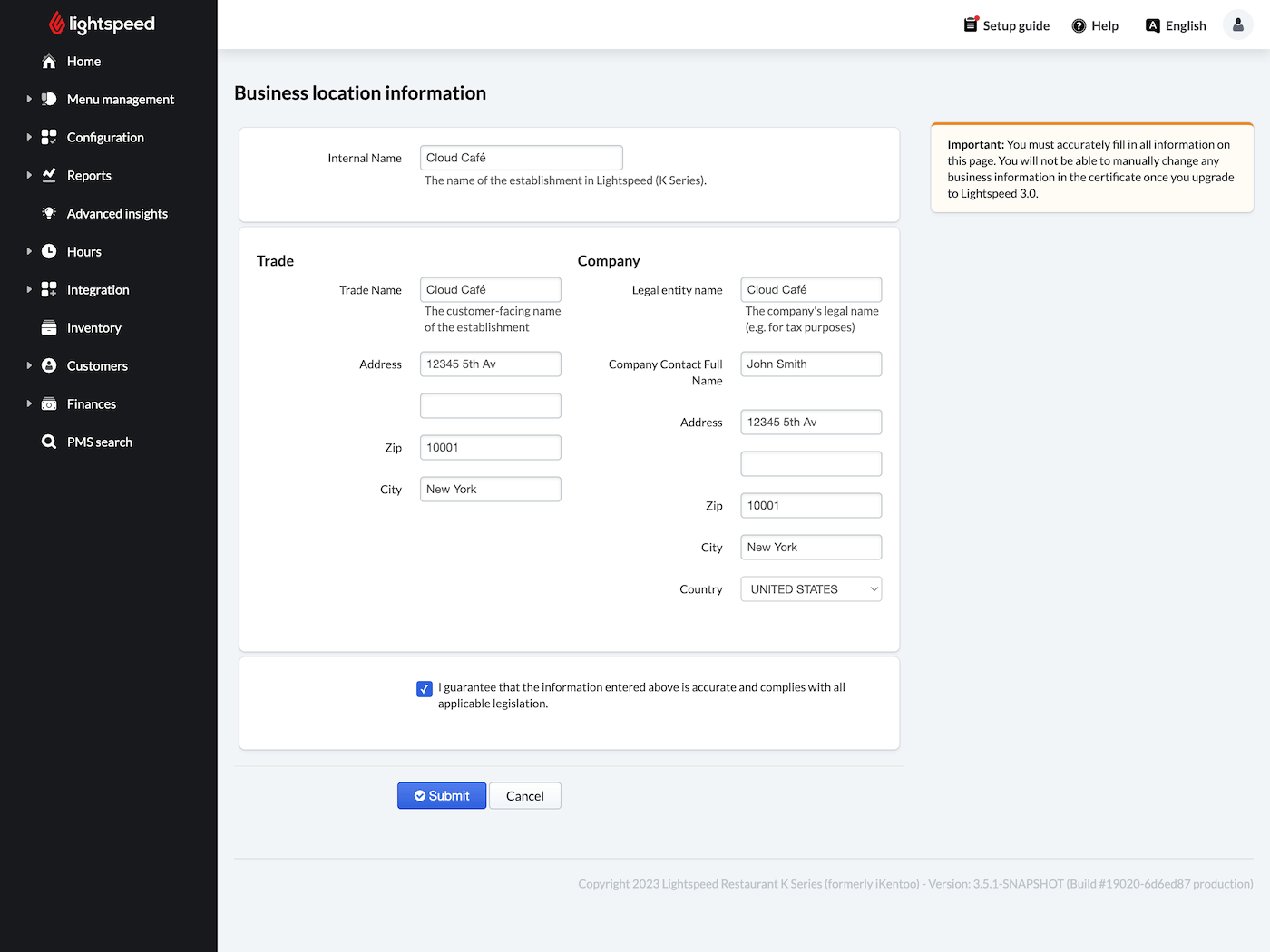 De pagina 'Bedrijfslocatie-informatie' met voorbeeldbedrijfsinformatie ingevuld