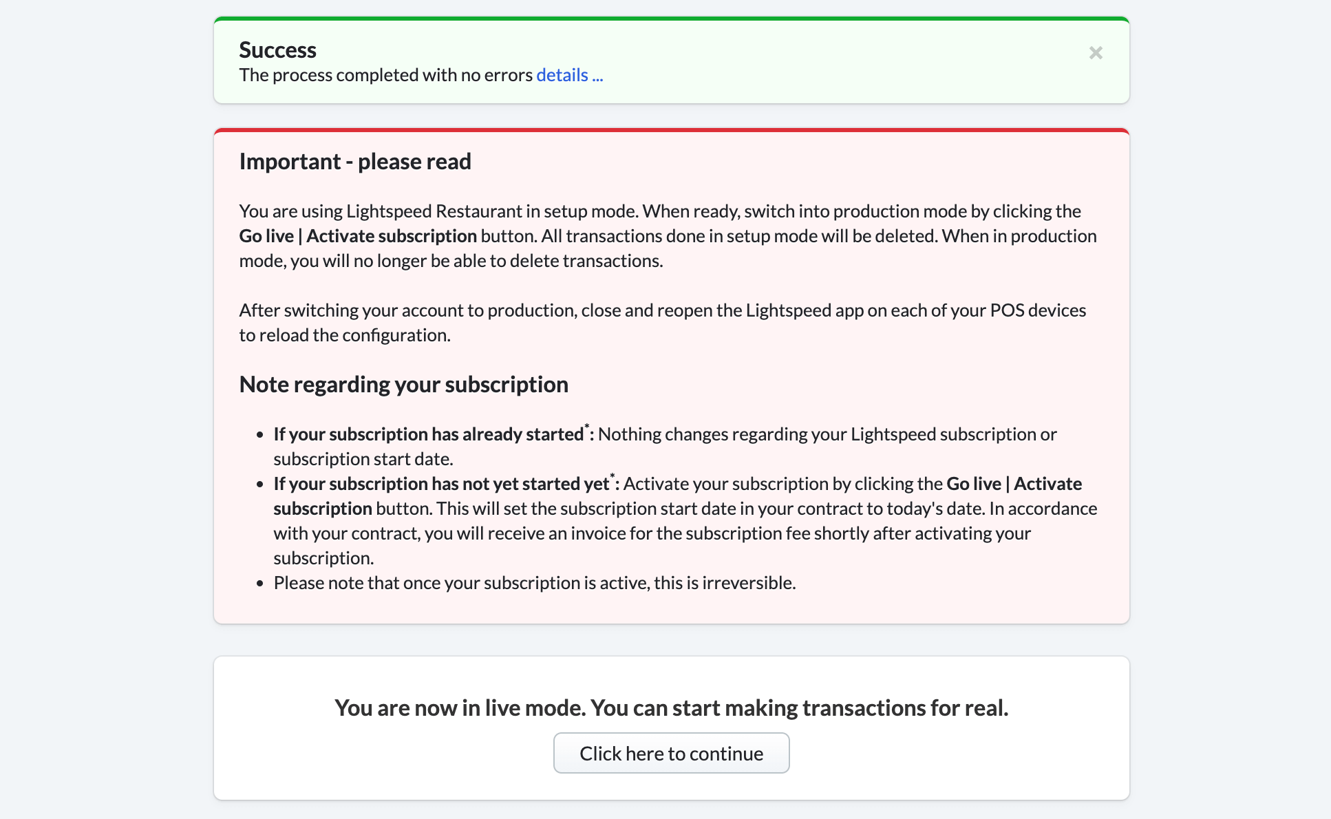 Bevestigingspagina waarop wordt uitgelegd dat het account nu actief is, inclusief een knop 'Klik hier om door te gaan'