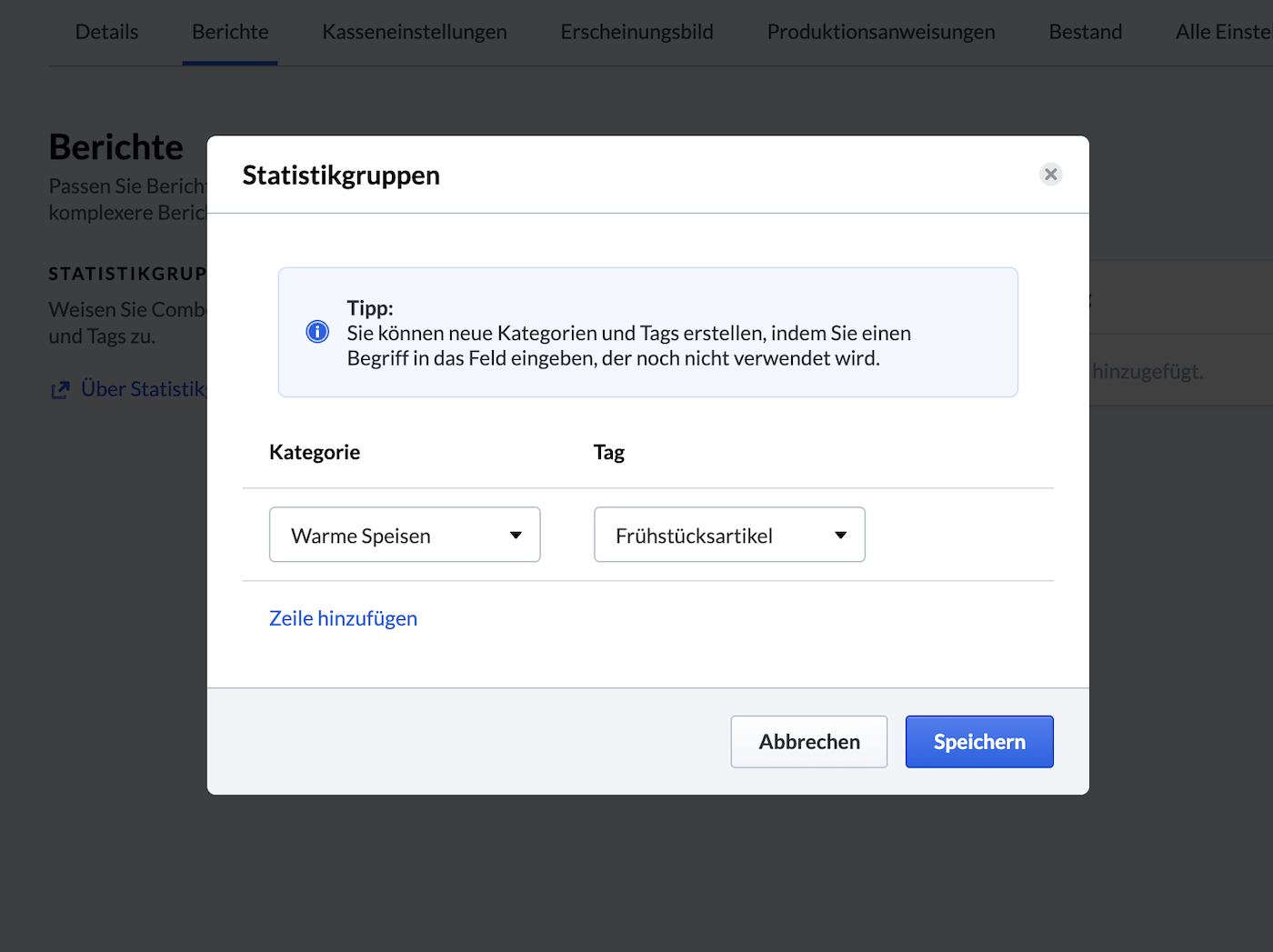Eine Statistikkategorie für das Combo-Menü auswählen