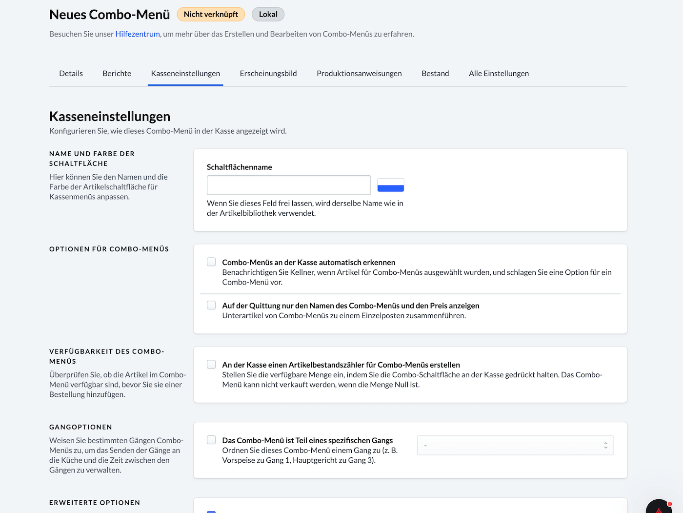 Kasseneinstellungen für Combo-Menüs