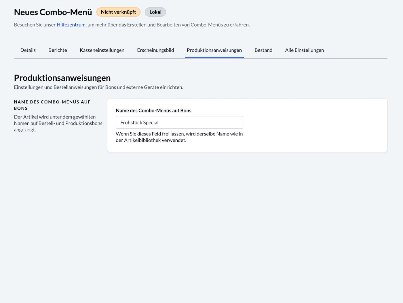 Screenshot der Registerkarte „Produktionsanweisungen“
