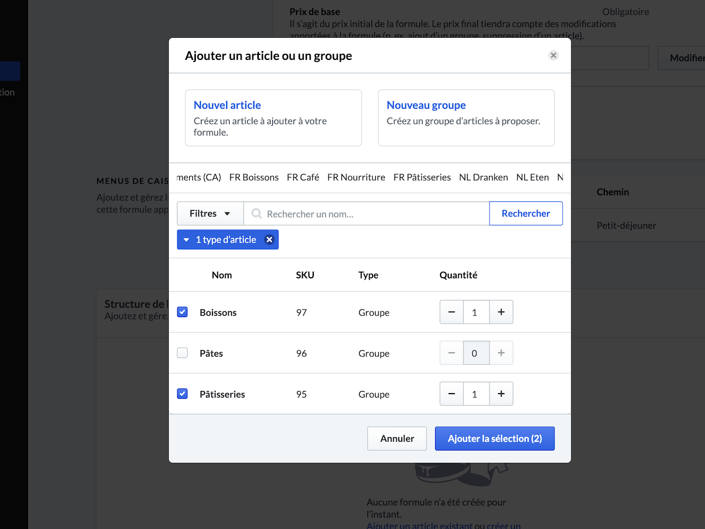 Sélection d’articles et de groupes pour la formule