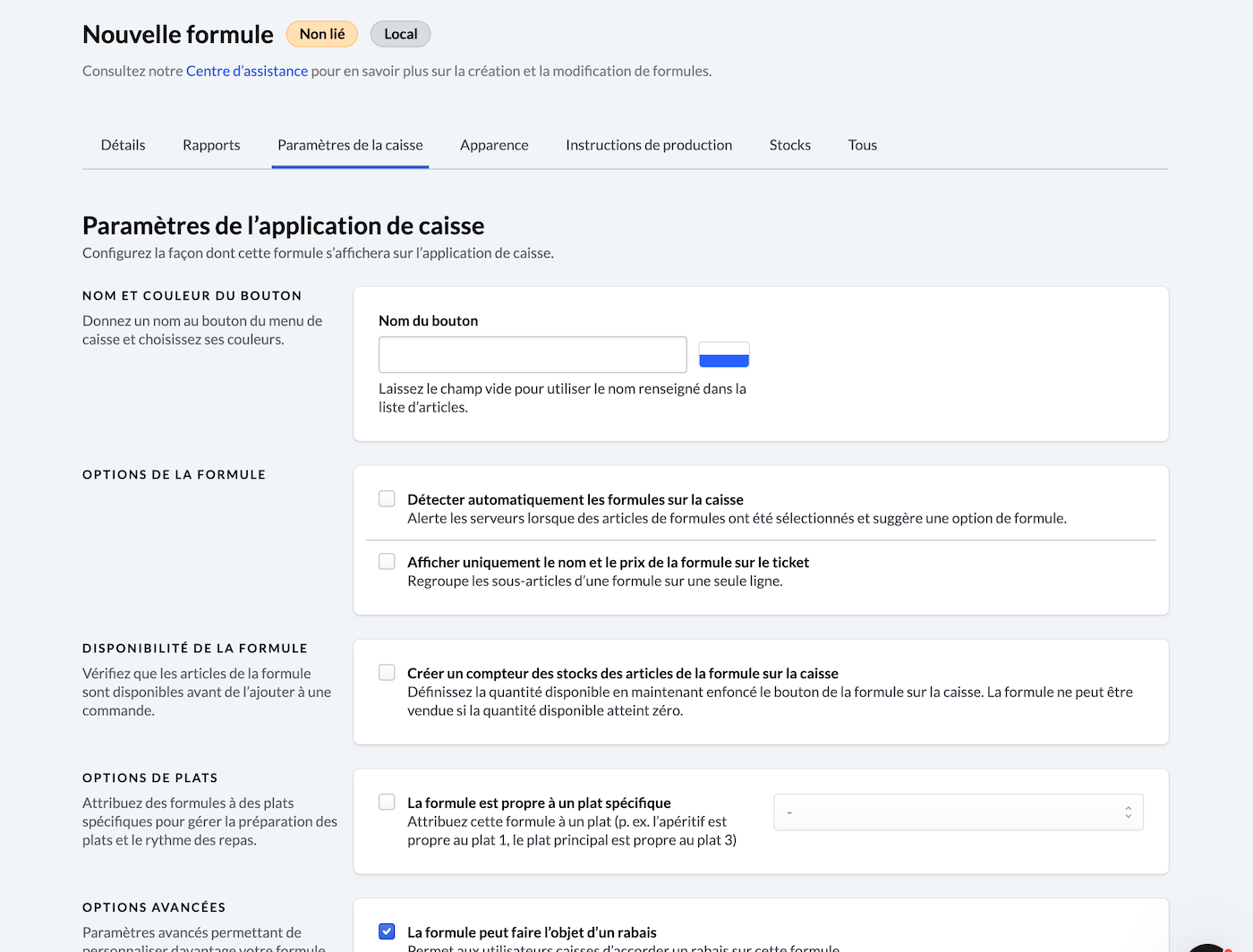Paramètres de la caisse pour les formules