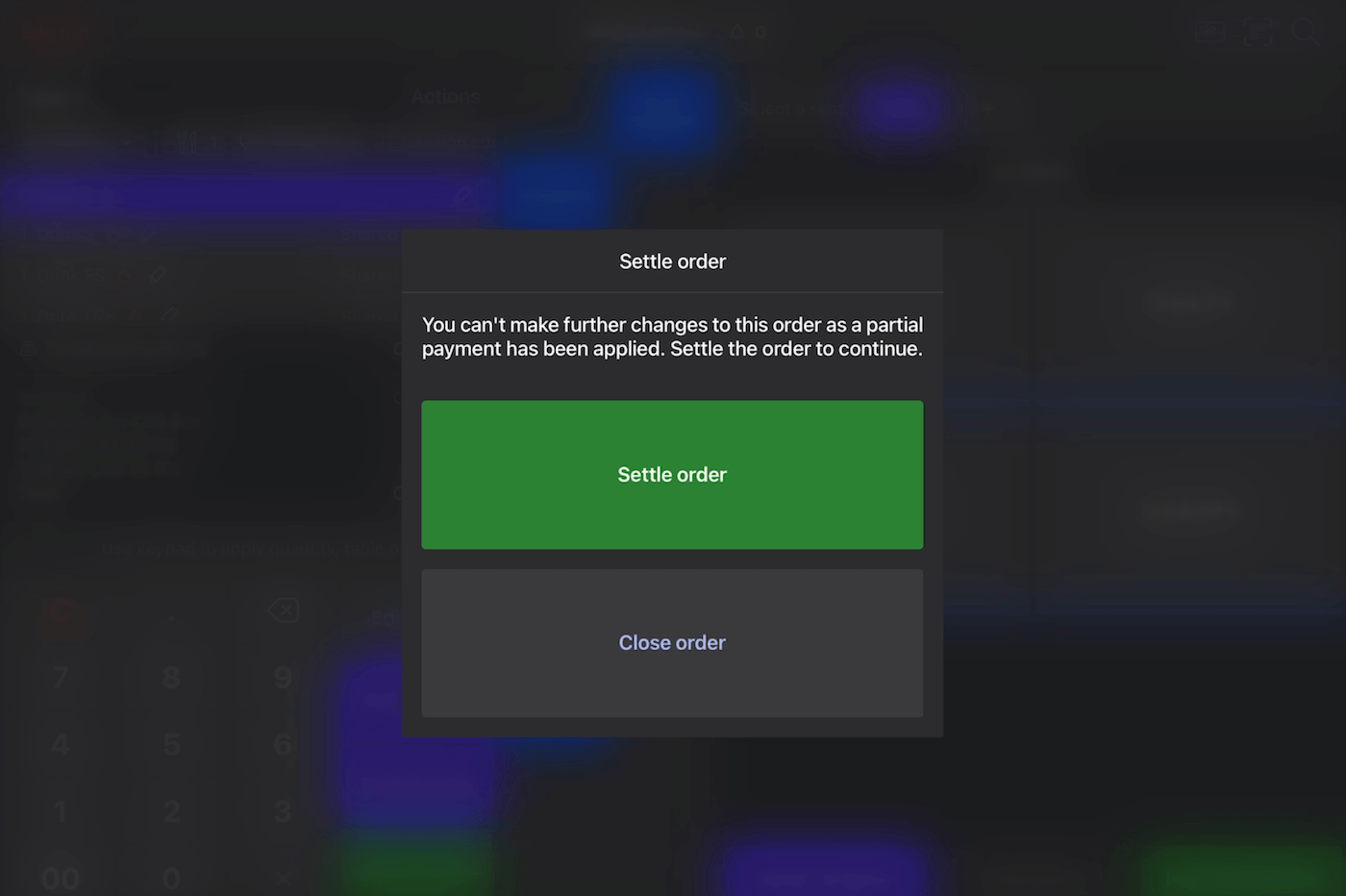 POS prompt that appears when attempting to edit an order with a partial payment