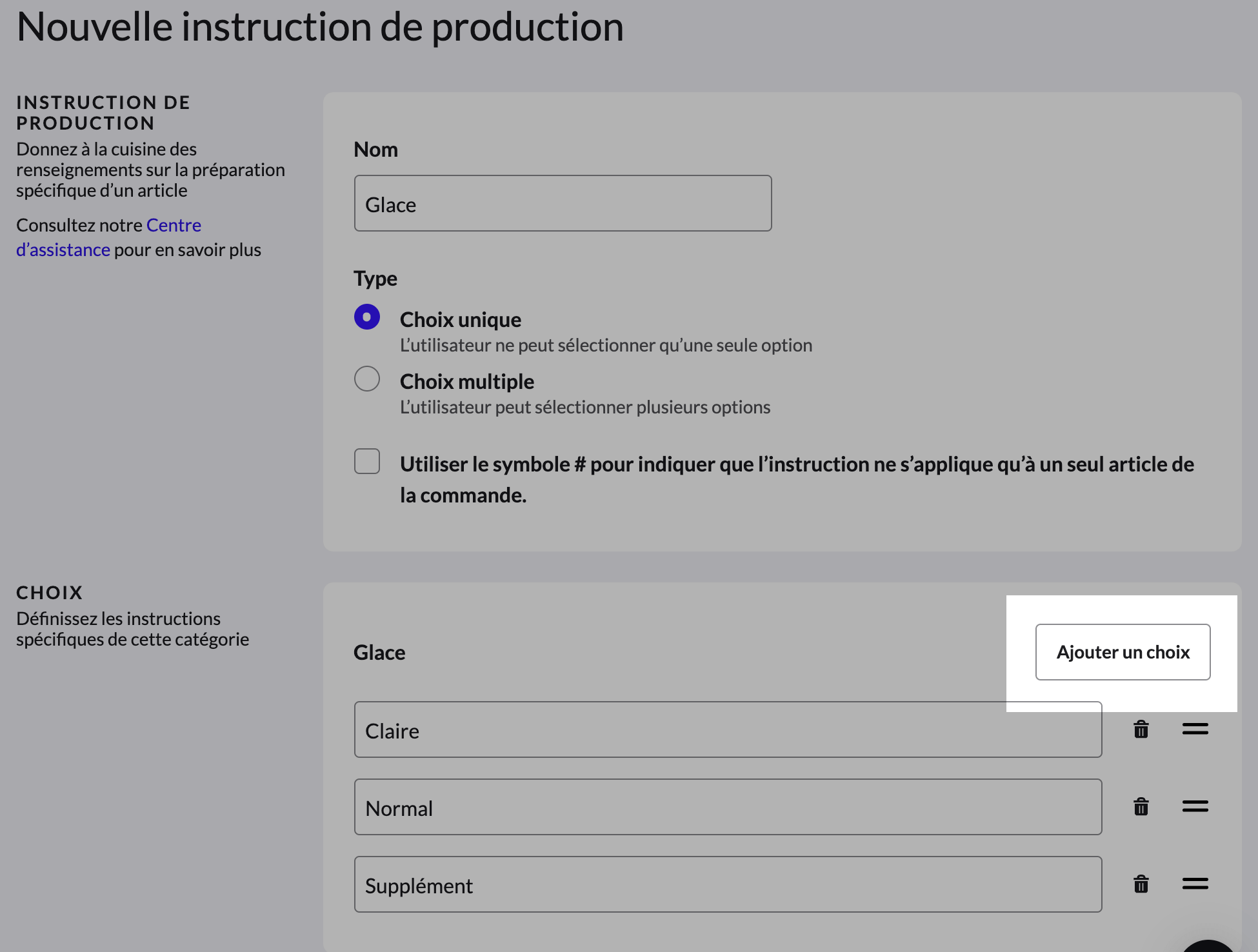 Page Nouvelle instruction de production. Le bouton Ajouter un choix est mis en évidence.
