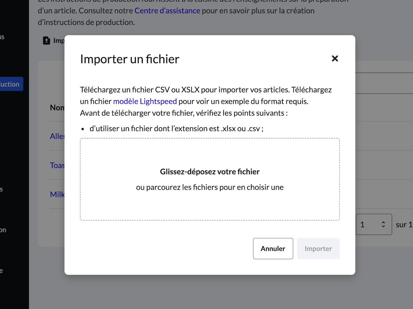 Fenêtre contextuelle Importer un fichier pour les instructions de production
