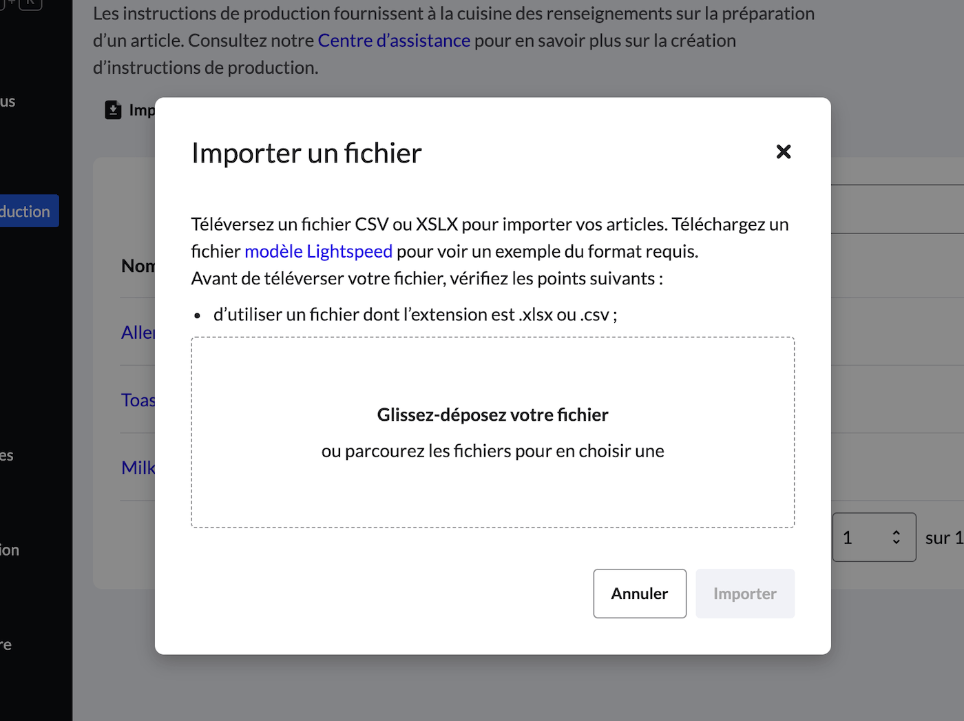 Fenêtre contextuelle Importer un fichier pour les instructions de production