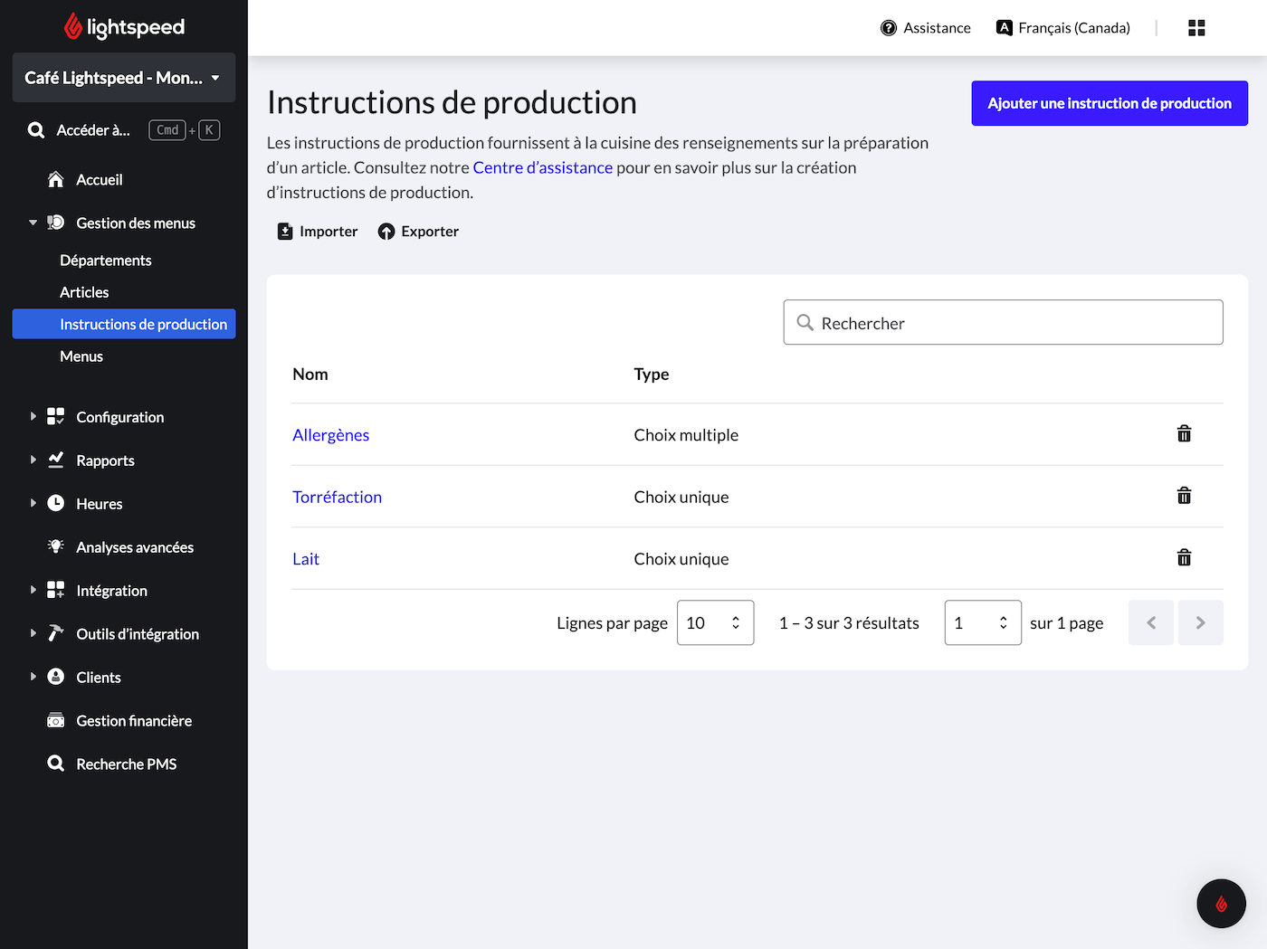 Page principale Instructions de production