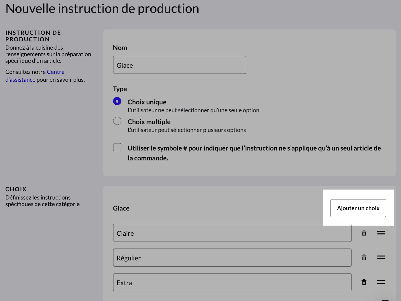 Page Nouvelle instruction de production. Le bouton Ajouter un choix est mis en évidence.