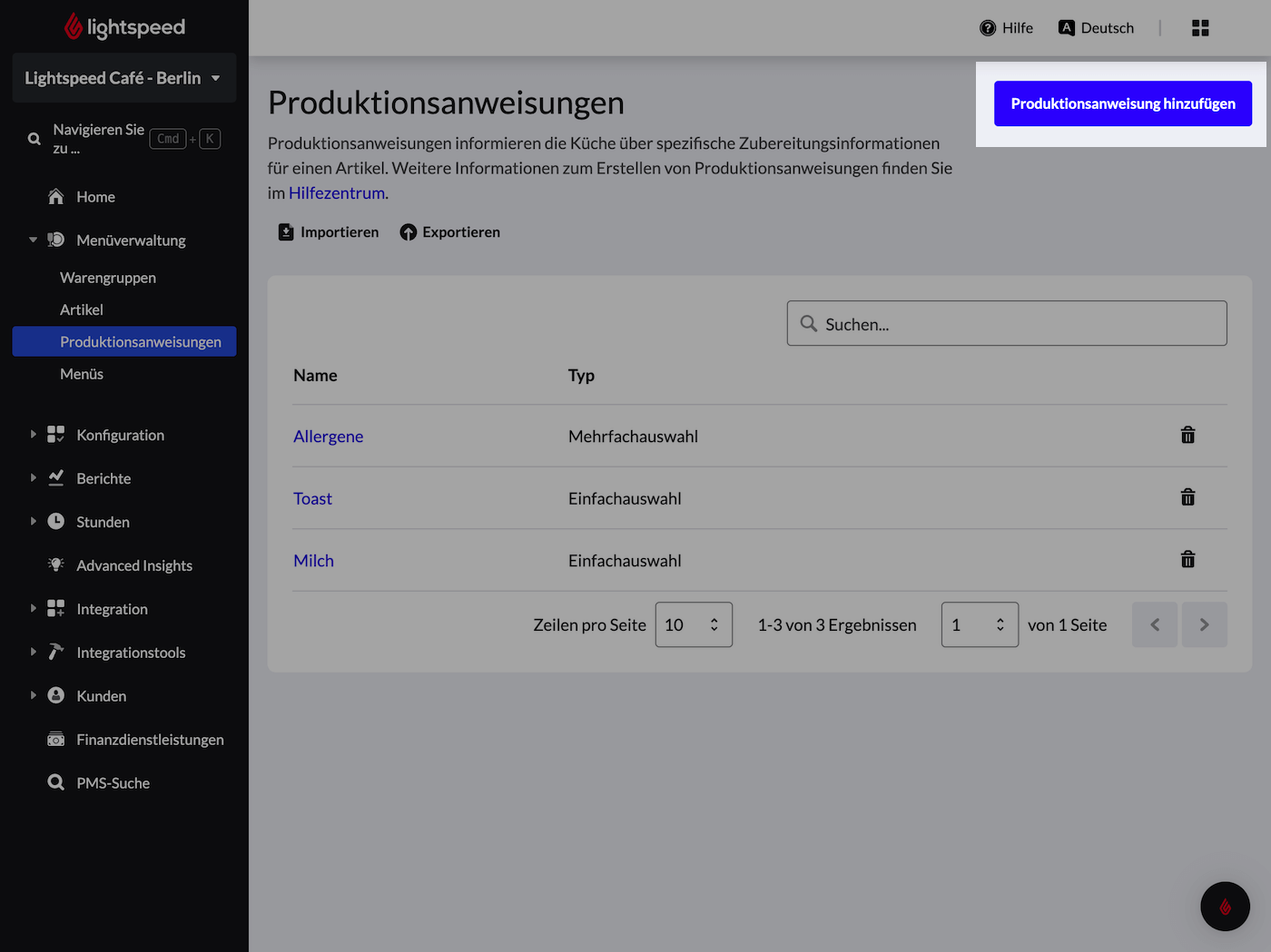 Produktionsanweisungen mit hervorgehobener Schaltfläche „Produktionsanweisung hinzufügen“
