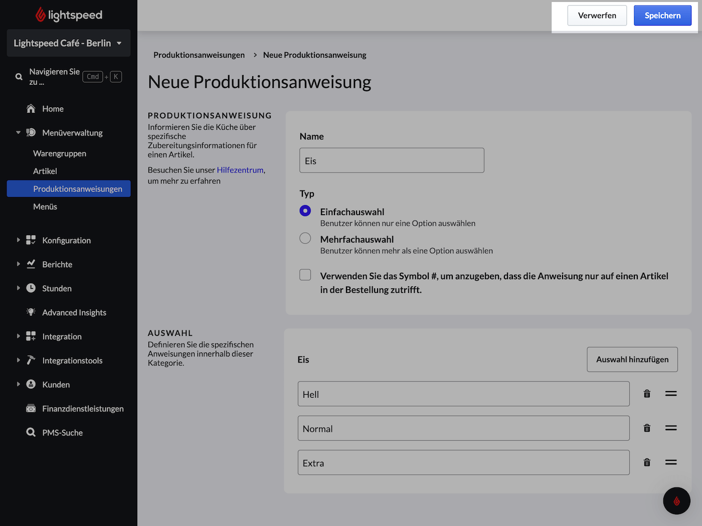 Neue Produktionsanweisungen mit hervorgehobener Schaltfläche „Speichern“