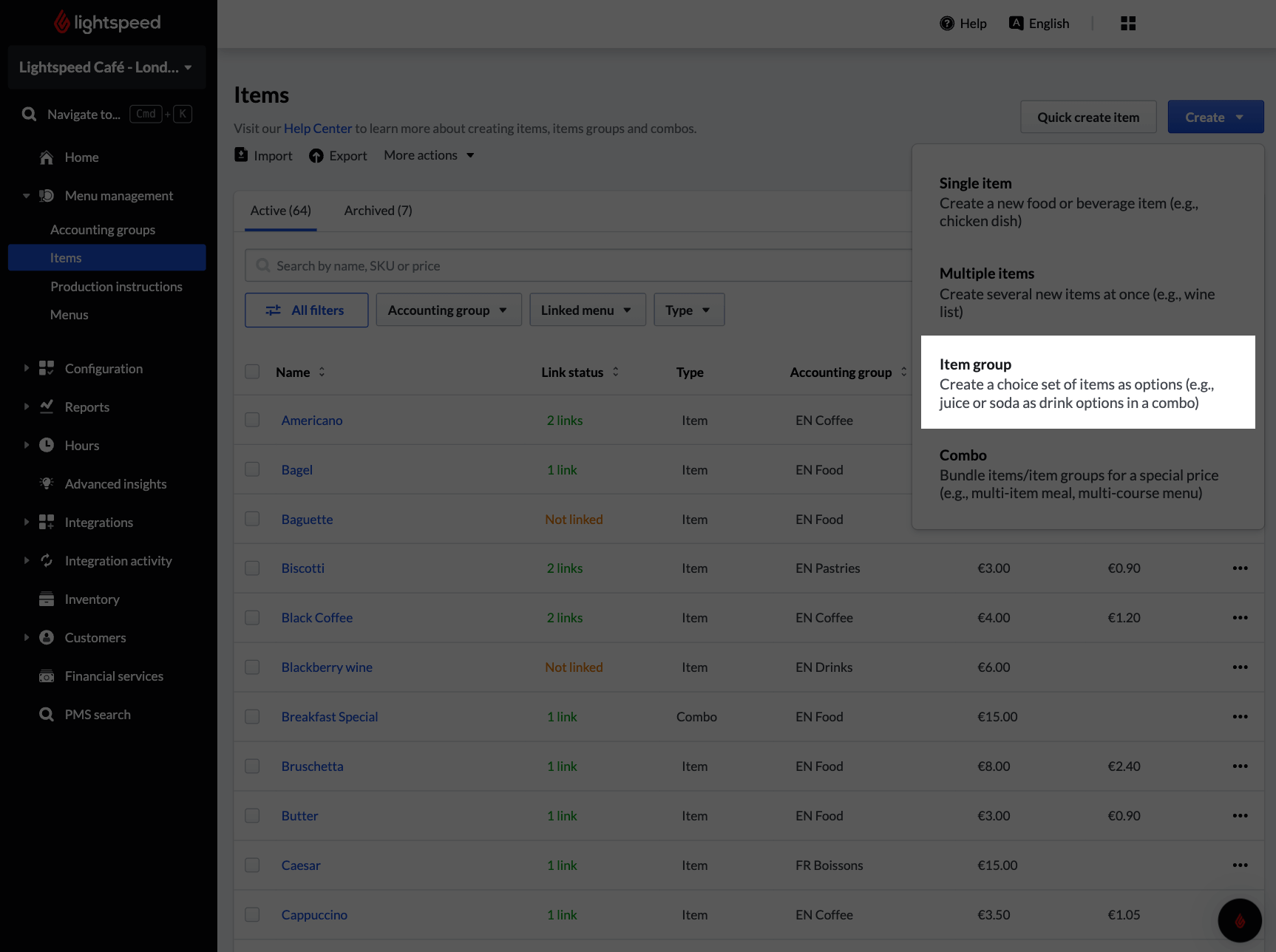 Create item dropdown with Item group highlighted