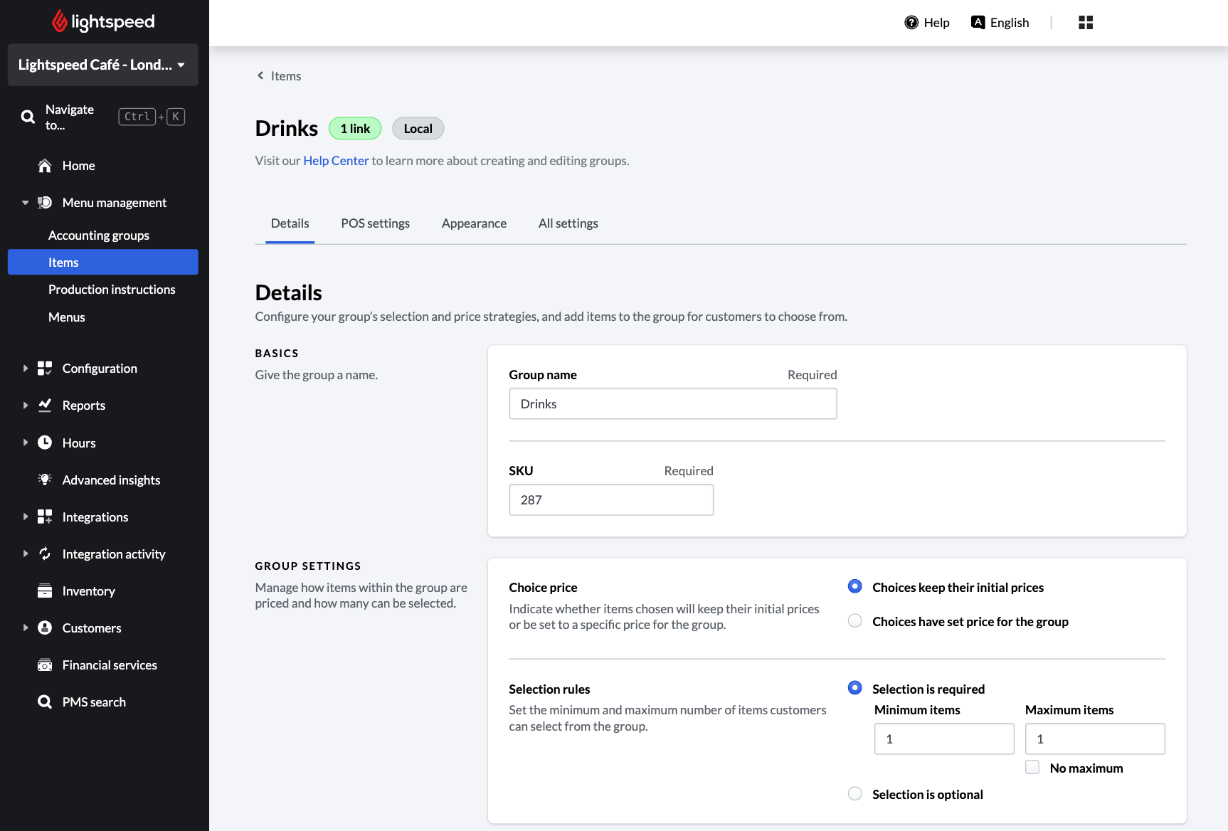 The details page of an item group