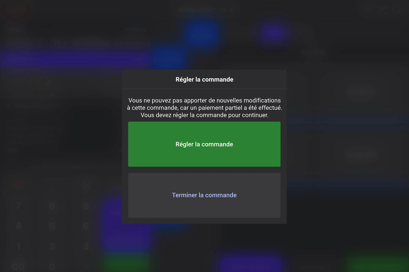 Invite de la caisse qui s’affiche lorsqu’un utilisateur tente de modifier une commande pour laquelle un paiement partiel a été effectué.