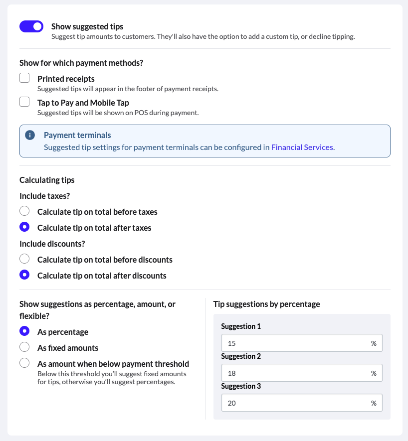 Settings for suggested tips and tip calculation