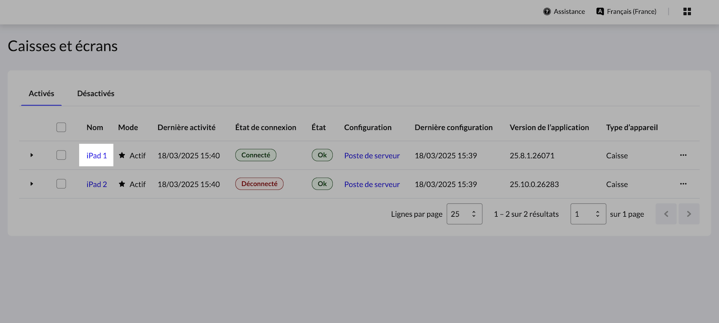 Page Caisses du back-office présentant trois caisses.