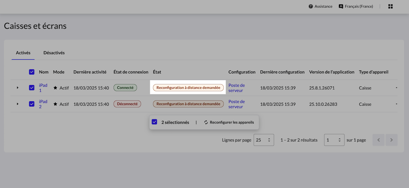 Page Caisses du back-office avec une caisse à l’état Reconfiguration à distance initiée.