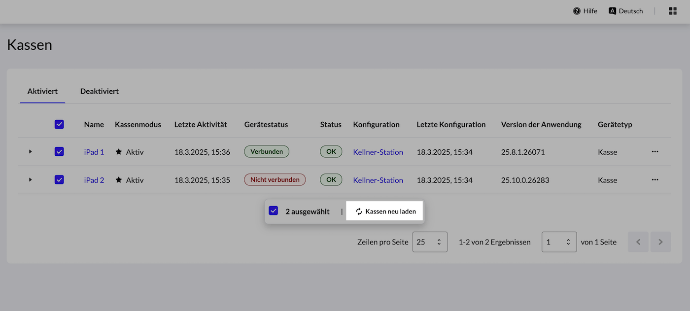 Die Geräte-Seite im Backoffice mit mehreren ausgewählten Geräten und hervorgehobener Schaltfläche „Kassen neu laden“.