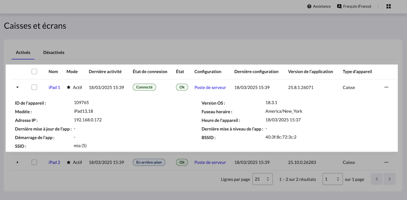 Page Caisses du back-office avec les sections des renseignements de base et avancés mises en évidence.