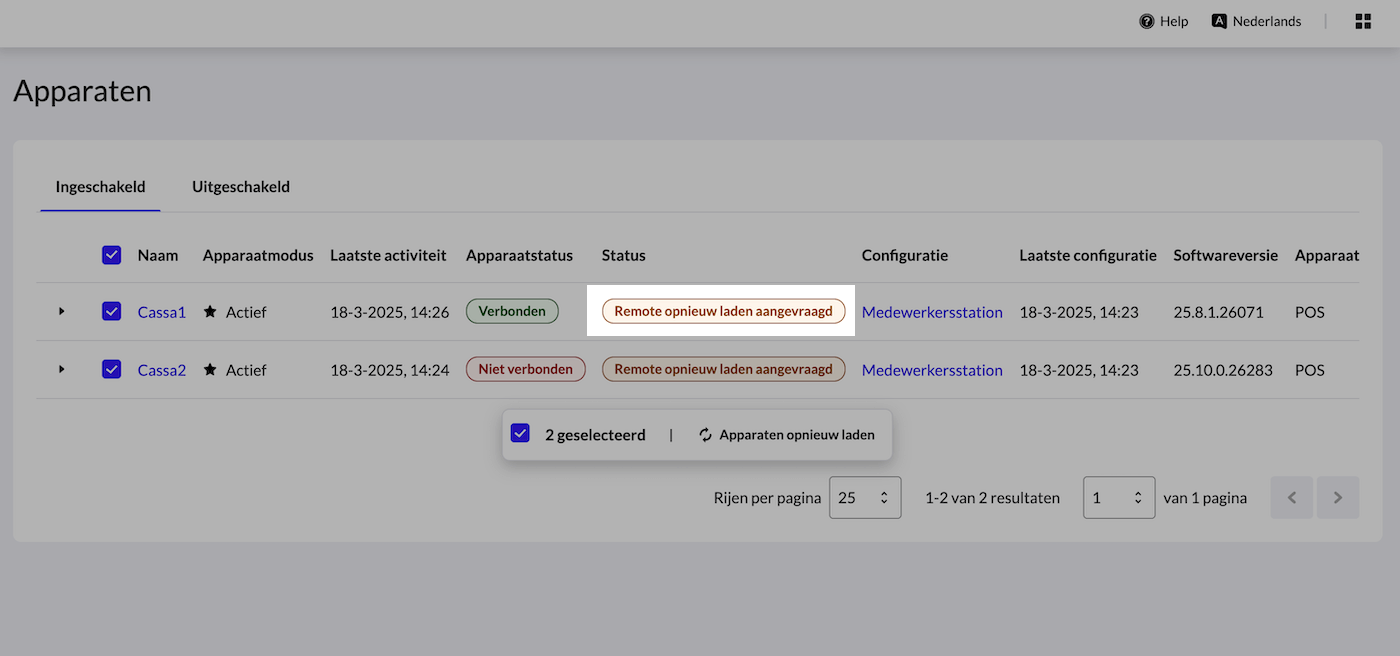 De pagina 'Apparaten' van de backoffice waarop een apparaat met de status 'Opnieuw laden aangevraagd' is uitgelicht.