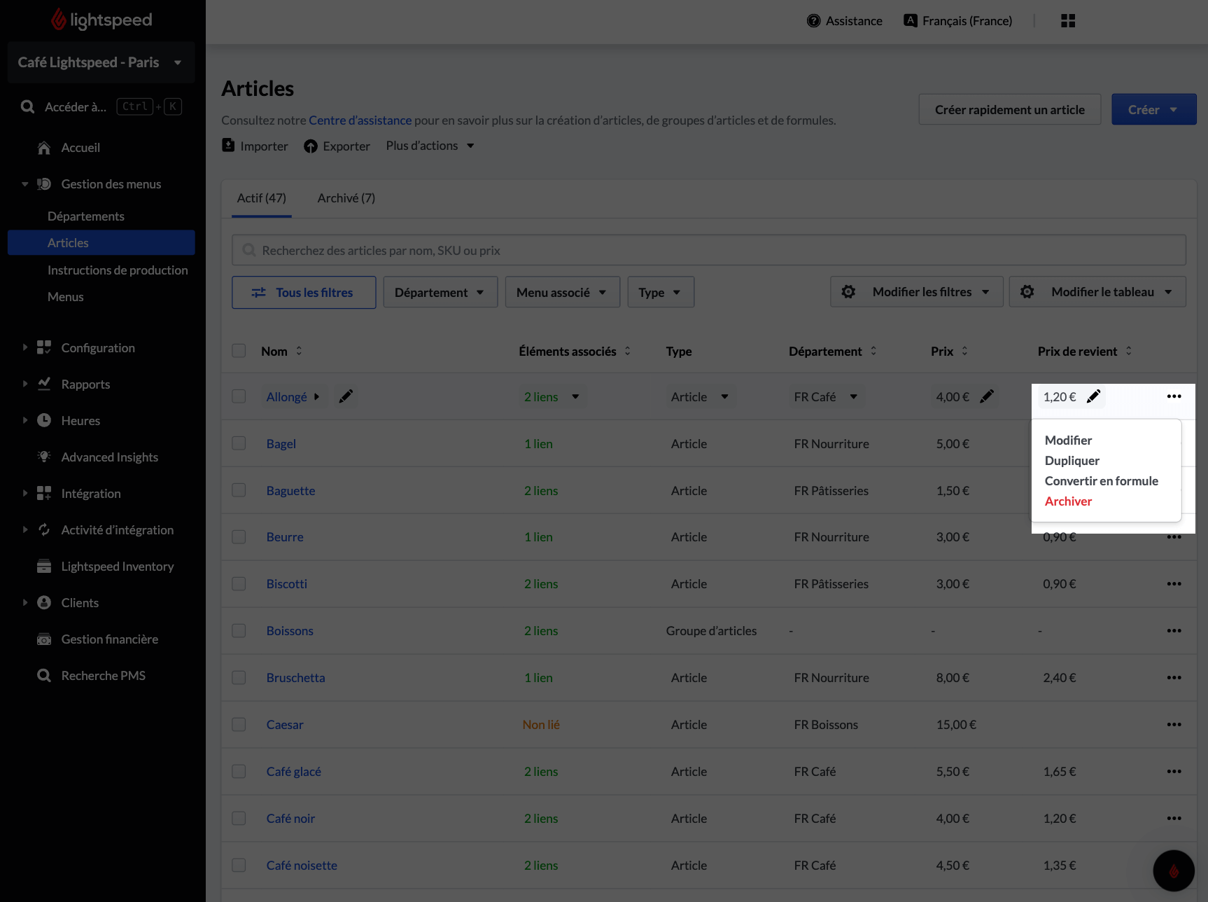 Bouton Modifier dans les options d’un article