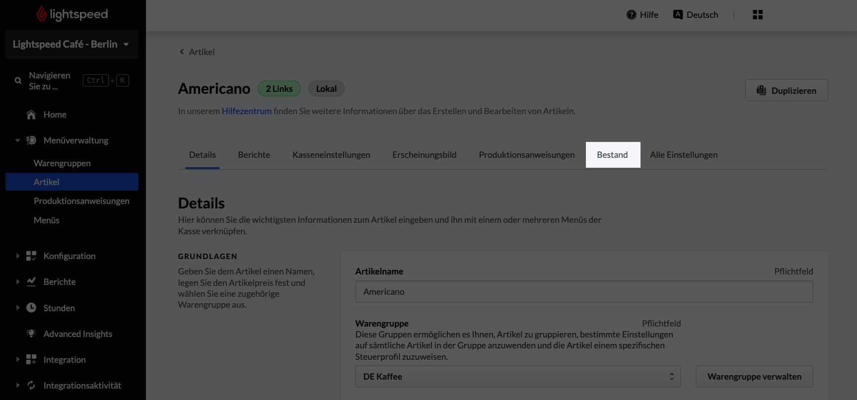 Registerkarte Bestand
