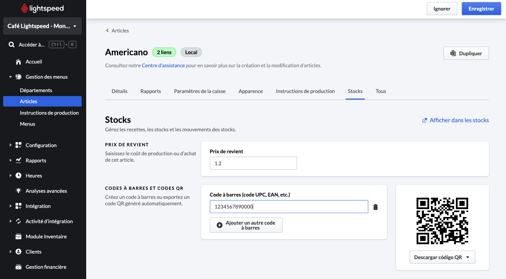 Section des codes-barres
