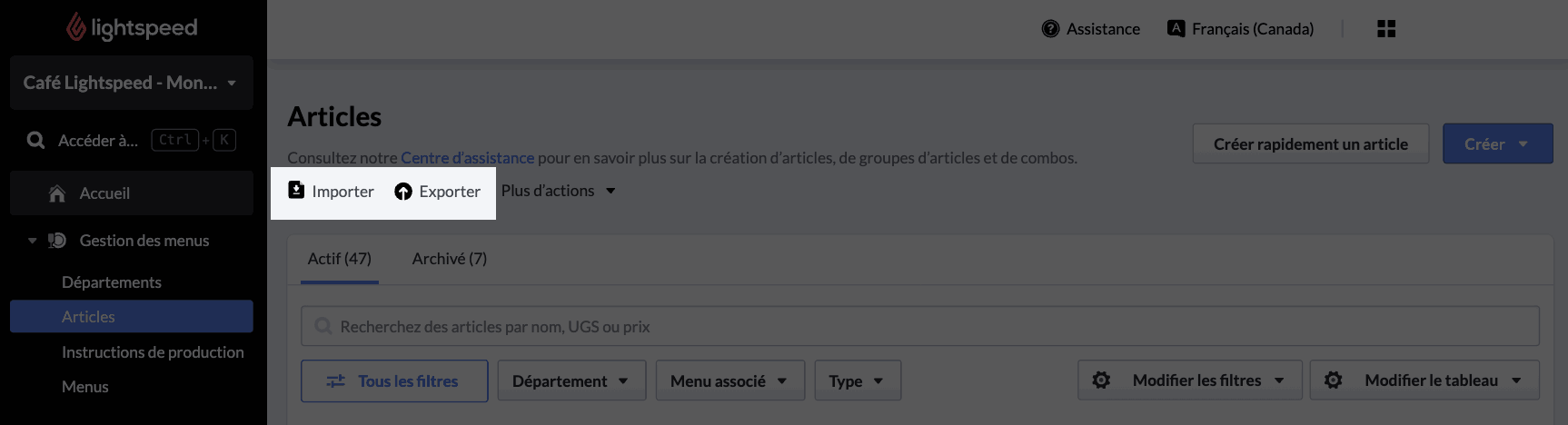 Boutons Importer et Exporter