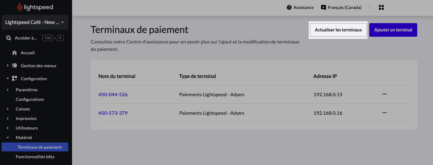 Page des terminaux de Lightspeed Restaurant, le bouton Actualiser les terminaux est mis en évidence.