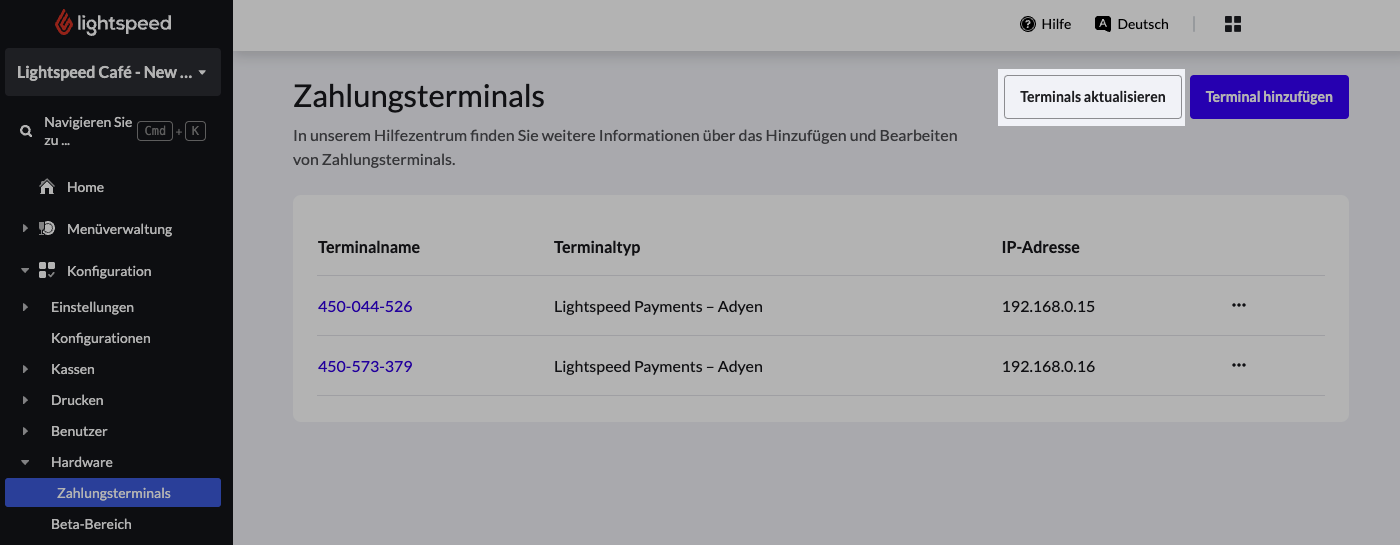 Die Terminals-Seite von Lightspeed Restaurant. Eine Schaltfläche mit der Bezeichnung „Terminals aktualisieren“ wurde hervorgehoben.