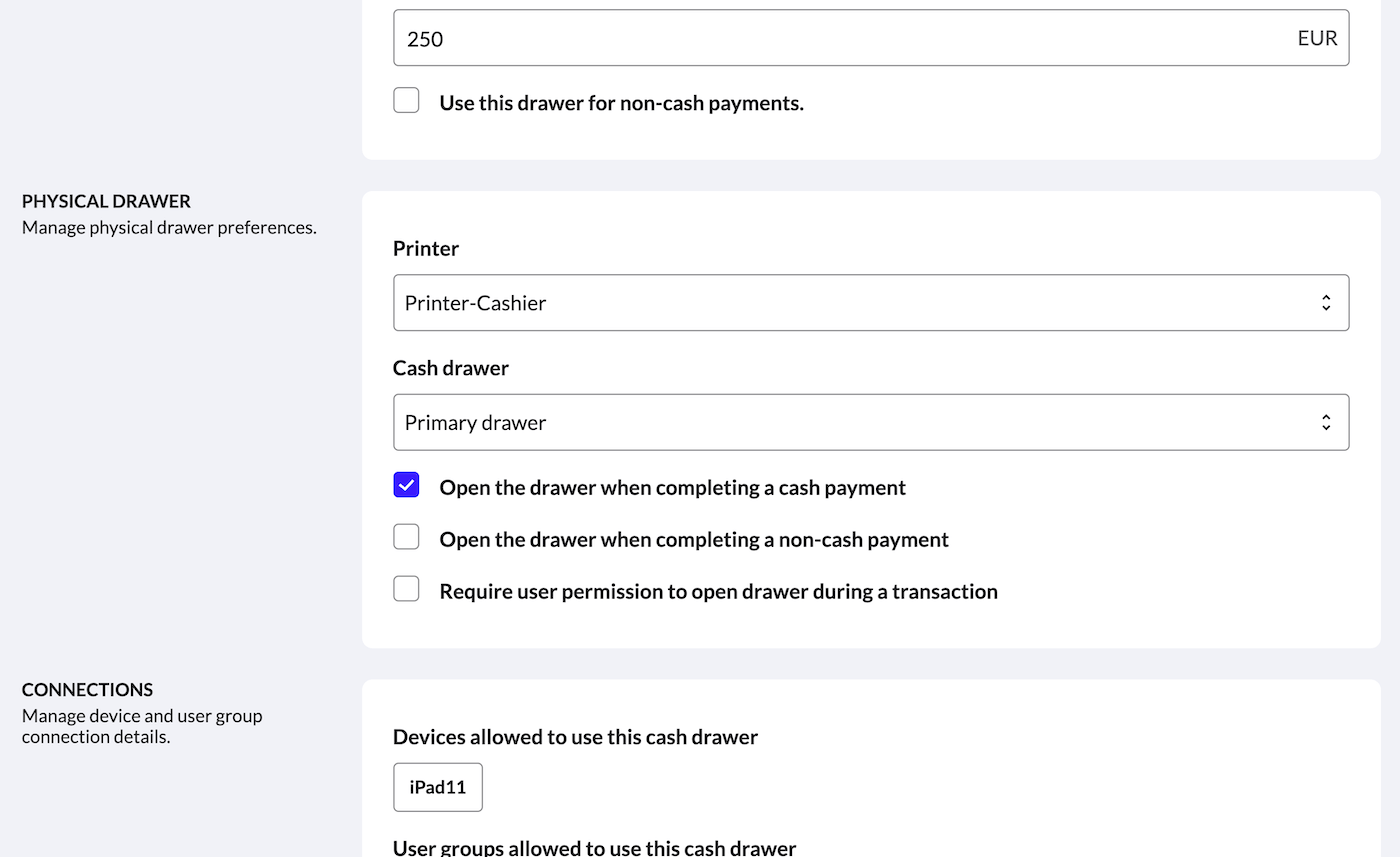 The cash drawer 'Physical' settings.