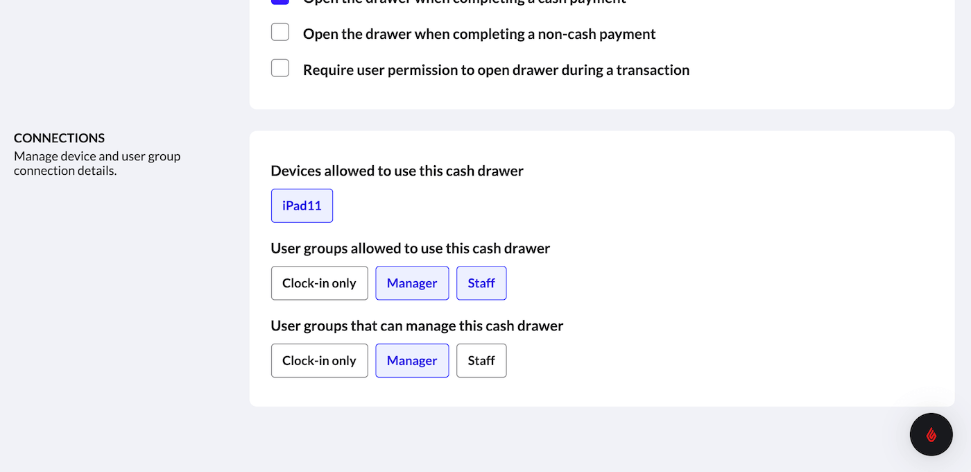 The cash drawer 'Connections' settings.