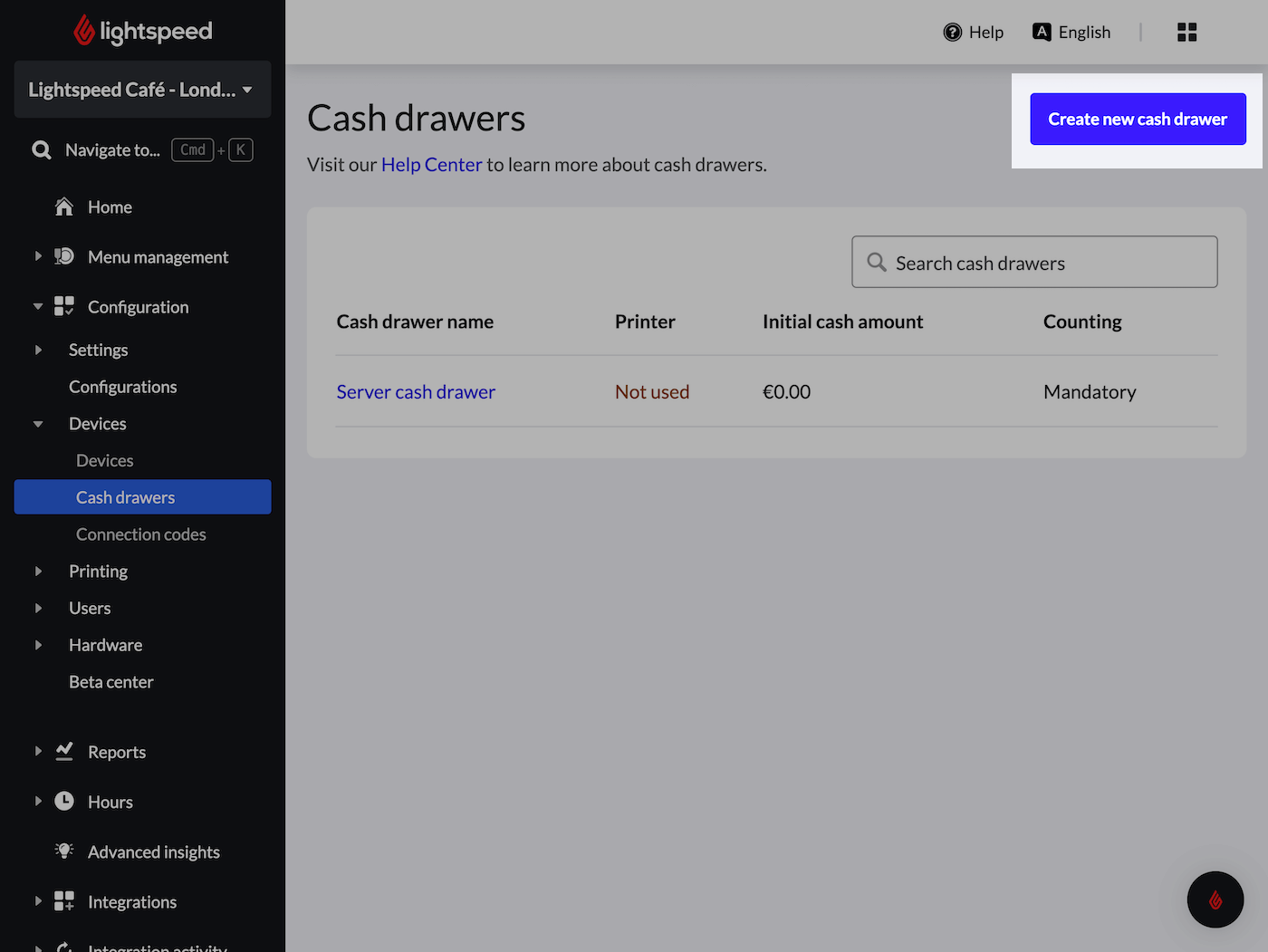 'Cash drawers' homepage in the Back Office with the 'Create' button highlighted.