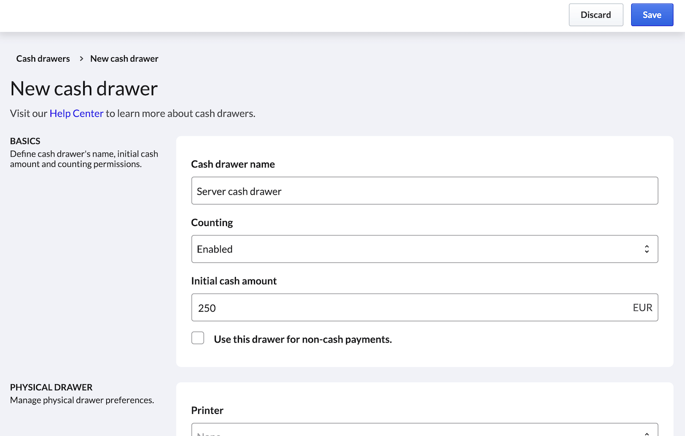 The cash drawer 'Basics' settings.