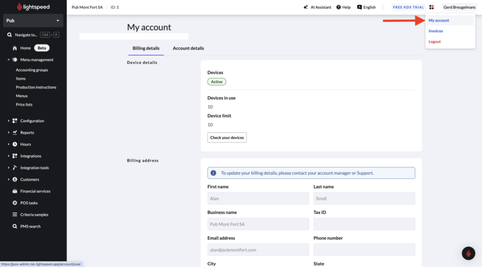 Page Mon compte présentant les détails de facturation