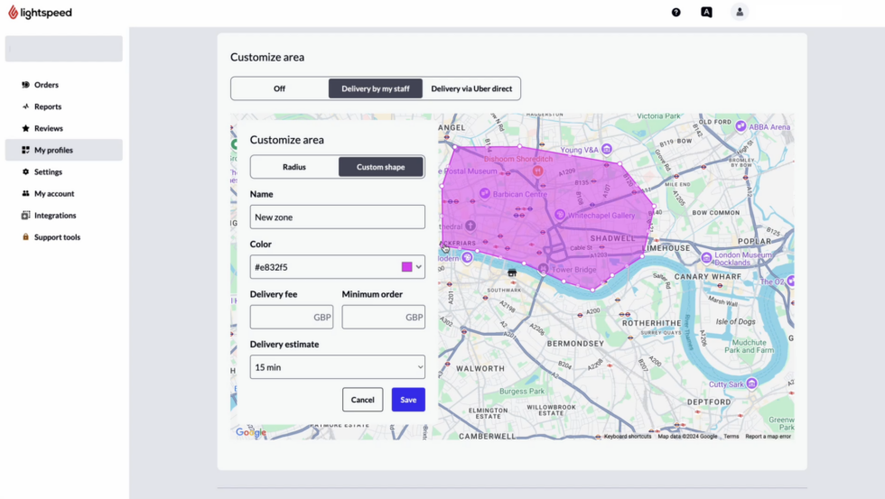 Eine auf einer Karte hervorgehobene Lieferzone „Order Anywhere“ mit Einstellungen