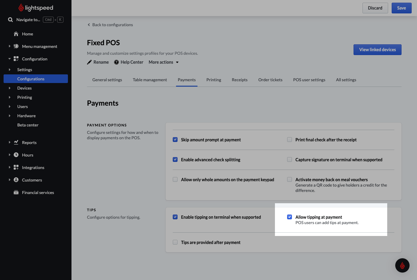 A POS configuration with 'Allow tipping' setting enabled.