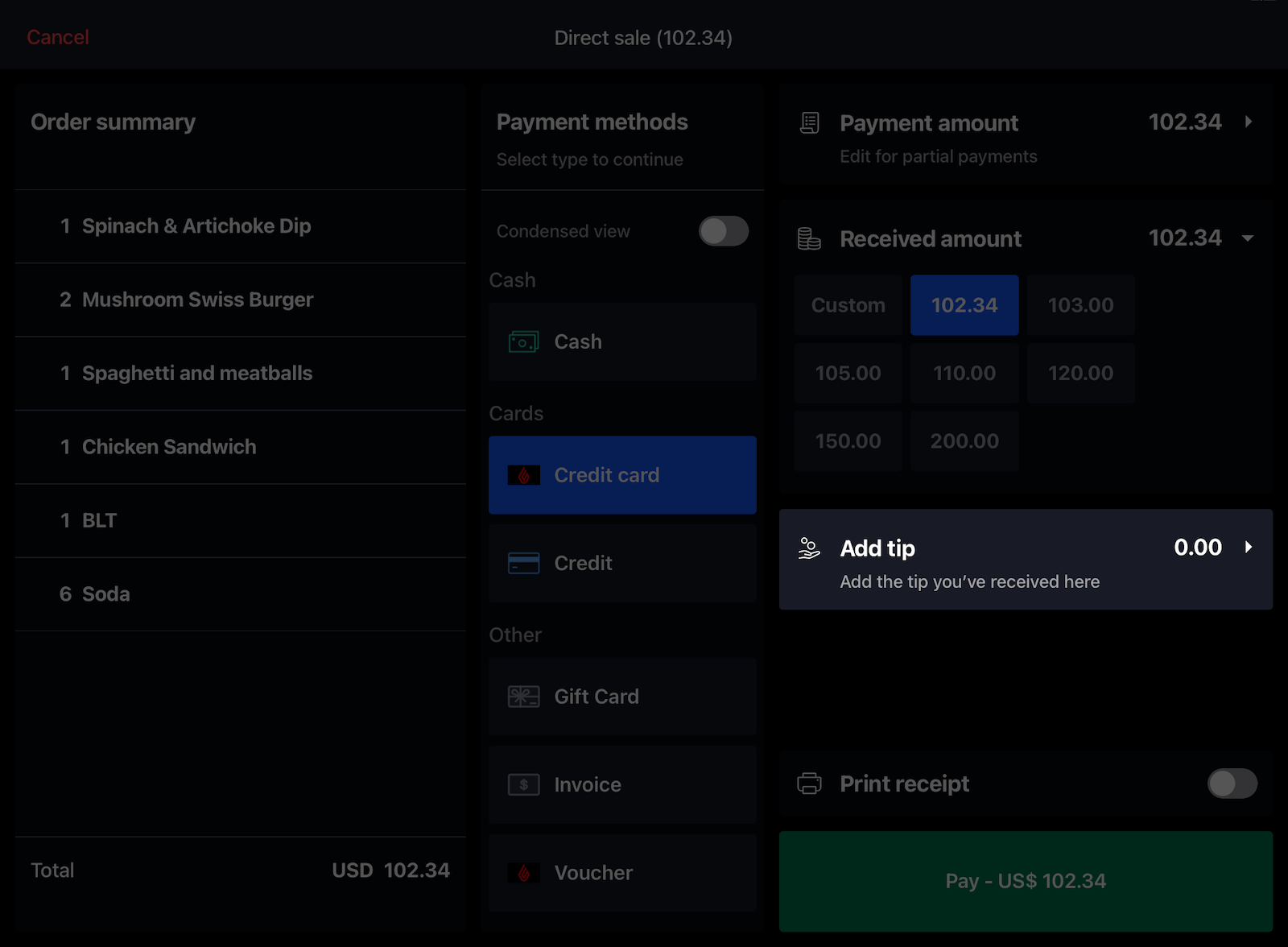 The POS payment screen with the 'Add tip' field highlighted.