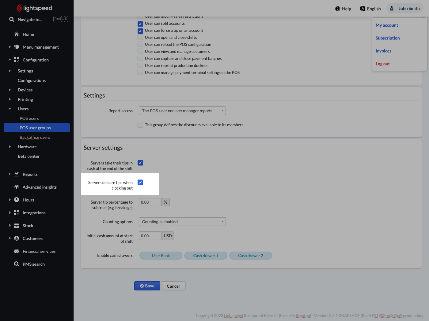 The 'User group settings' page with 'Servers declare tips when clocking out' setting highlighted